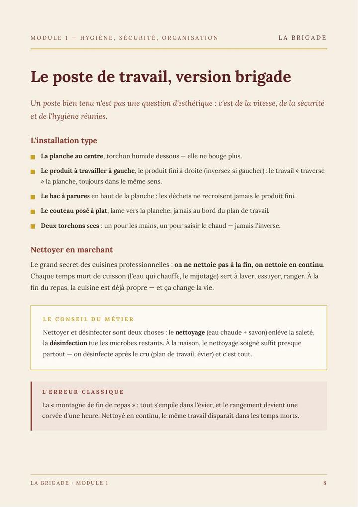 Page du Module 1 — Hygiène, sécurité et organisation